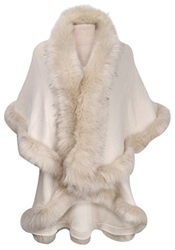 ZLYC Damen Winter Kunstpelz Poncho Strick Schal Stola Warm Cape Cardigan(Milch Weiß),Einheitsgröße