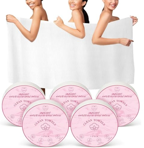 FCaeon Compresse Asciugamani Grande, Asciugamani da Bagno Usa e Getta per i Viaggi, 140cm x 70cm Asciugamano da Bagno da Viaggio per il Corpo Hotel Campeggio Escursionismo Spiaggia Nuoto[5 Pack Rosa]