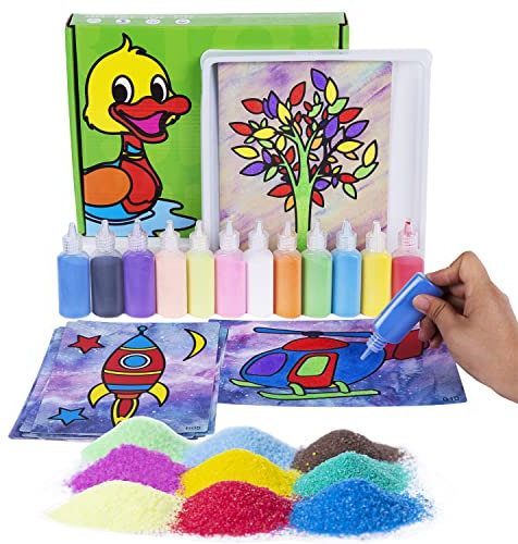 Berry President 12 Packungen Sandmalkarten Art Kids Coloring DIY Paper Craft Kit mit 12 Flaschen Farbsand für Kinder(Grün)