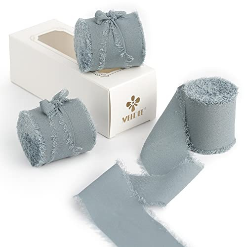 MEEDEE Slate Blue Chiffon Ribbon 2 Inch Frayed Ribbons Dusty Blue Chiffon Ribbons for Crafts Silk Chiffon Ribbon for Gift Wrapping Wedding Invitation, Bridal Bouquet, Crafts Decor (3 Rolls 21 Yards)