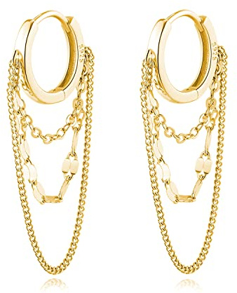 Reffeer Solide 925 Sterling Silber Kette Tropfen Ohrringe Creolen für Frauen Teen Creolen Quaste Kette Huggie Baumeln Ohrringe (B-Gold Plated)