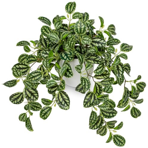 Oairse Fake Plants in Pots 41cm Artificial Trailing Plants Indoor Fake Potted Plant Faux Watermelon Peperomia for Indoor Home Office Bathroom Kitchen Shelf Table Decoration
