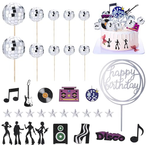 Disco Ball Cake Decorations, 35 PCS Disco Ball Cake Toppers Cupcake Topper Cake Picks 1970s Disco Themed Cake Topper for Disco Theme 70's Party Supplies (3 Size)