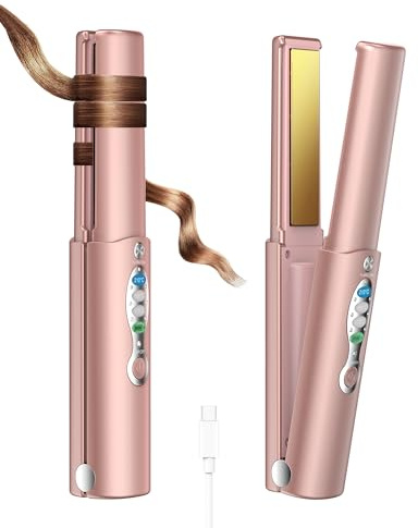 Cordless Hair Straightener, Mini Portable Flat Iron for Travel, USB Rechargeable Titanium Hair Straightener & Curler 2-in-1, 3 Heat Settings up to 410°F, Hair Straightener for Bangs & Quick Touch Ups