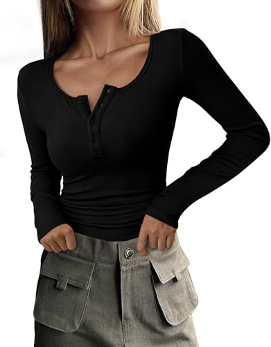 Zeagoo Camiseta de manga larga para mujer, de punto acanalado, manga larga, corte ajustado, parte superior para | Tops Elásticos con Botones