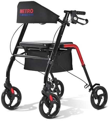 Metro Mobility Rollator Walker con sedile per anziani, pieghevole e leggero, grandi ruote da 8 pollici per fuoristrada, 300 libbre. Capacità di peso, rosso