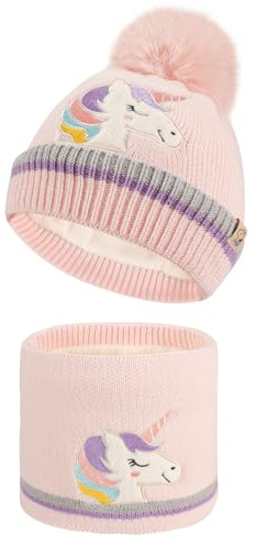 QKURT Set di berretto invernale e scaldacollo per bambini, berretto lavorato a maglia caldo per bambini, scaldacollo, berretto termico con fodera morbida, sciarpa, set per 2-5 anni