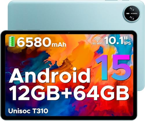 DOOGEE Tab A9 Android 15 Tablet 10 Inch(2025), Unisoc T310 Android Tablets 12GB RAM 64GB ROM(TF 2TB), 6580 mAh Battery, 5G WiFi|Dual Speaker|8MP AI Camera|Type-C|GMS|Bluetooth|Face ID|3.5mm Jack-Blue