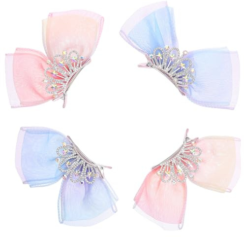 SWOOMEY Lot de 4 barrettes à cheveux en forme de couronne, diadème, nœud en maille, strass, accessoires pour cheveux de, pour bébés, tout-petits, enfants, anniversaires