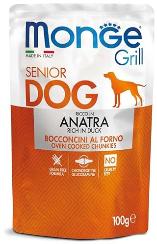 Monge Grill Bocconcini Ricco in Anatra per Cani Senior, Senza Cereali, 100g, 24 bustine