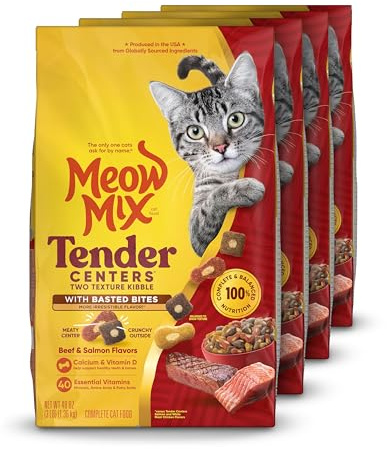 Meow Mix Tender Centers Dry Cat Food with Basted Bites, Beef & Salmon Flavors, 3 Pound Bag (Case of 4)