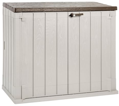 Toomax Storer Plus XL Baule da 1270L portattrezzi giardino, 145x85x124,5h cm effetto legno grigio talpa/marrone, porta bidoni spazzatura con coperchio assistito, resistente ai raggi UV, per esterni