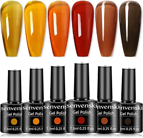 Senvenski Jelly Gel Nail Polish Kit - Tortoise Shell Nails, Translucent Colours with Milky Sheer Finish Clear Orange Red Coral Gray Amber Brown | Vegan Nail Art Kit for Women Salon Home(BT6-002)