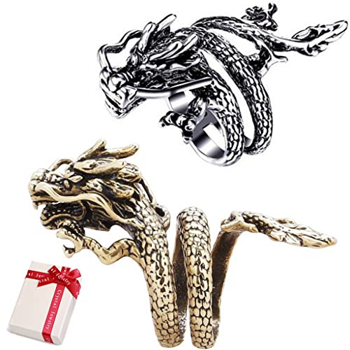 Ouceanwin 2 st vintage punk ringar drake smycken silver, justerbar rostfritt stål gotisk ring män retro drake ring öppen justerbar fingerring smycken för män kvinnor