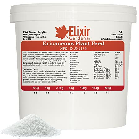 Elixir Gardens Soluble Ericaceous Fertiliser/Feed | Azalea, Rhododendron, Acer, Magnolia & Camellia Plant & Shrub Food | NPK: 12-10-10 + 4 | 1kg Resealable Tub