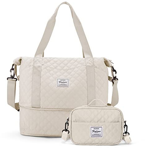 Reisetasche Damen Sporttasche 40x20x25 Ryanair Handgepäck Tasche Weekender Bag Schwimmtasche Wasserdicht Travel Bag Duffle Bag Fitnesstasche Trainingstasche Frauen für Reise Gym,Beige mit Kulturbeutel