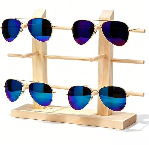 Cyrank Espositore Per Occhiali da Sole, Supporto Per Espositore in Vetro in Legno Massello Organizzatore Per Porta Occhiali da Vista da Tavolo Per La Casa O Negozio di Occhiali(Double Row 6 Pairs)