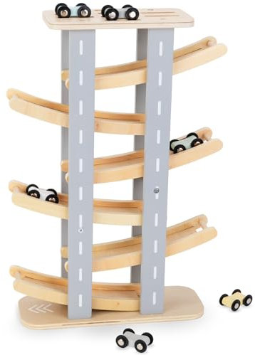mamabrum, Piste en Bois - Toboggan pour Voitures - 6 étages, Piste de 6 étages, 6 Petites Voitures colorées, pour Les Enfants à partir de 18 Mois Piste de Course Automobile en marbre en Bois Enfants