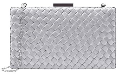 bwszrosa Damen-Clutch aus geflochtenem Leder, Abendtasche, elegante Kette, Clutch-Box, Tragetasche, Umhängetasche (Silber)