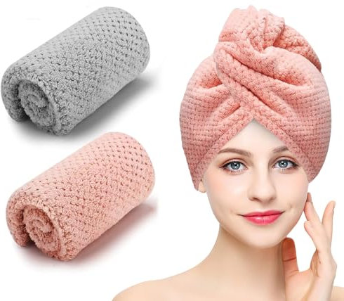 JCTRRJ 2 Stück Mikrofaser Handtuch Haare, super saugfähig, verdrehter Turban, Schnell Trocknend, Haarkappen mit Knöpfen, Ananas Gittermuster Starke Wasseraufnahme
