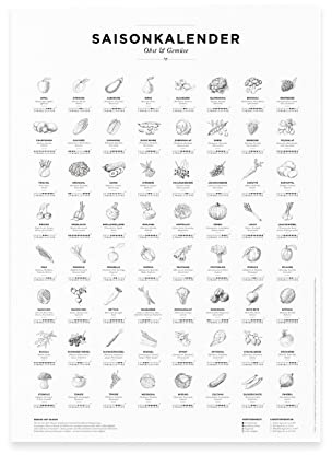 Calendario stagionale per frutta e verdura come poster, decorazione da cucina, decorazione murale, perenne, con illustrazioni dei frutti e delle verdure più popolari dell'Europa centrale (in bianco e