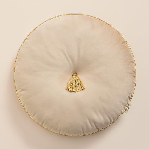 ROOM99 Allure, cuscino rotondo, 45 cm, cuscino decorativo, in velluto, con frange, beige, 1 pezzo