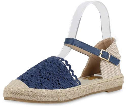 VAN HILL Damen Riemchensandalen Flach Bast Trendy Schuhe 215280 Blau 37