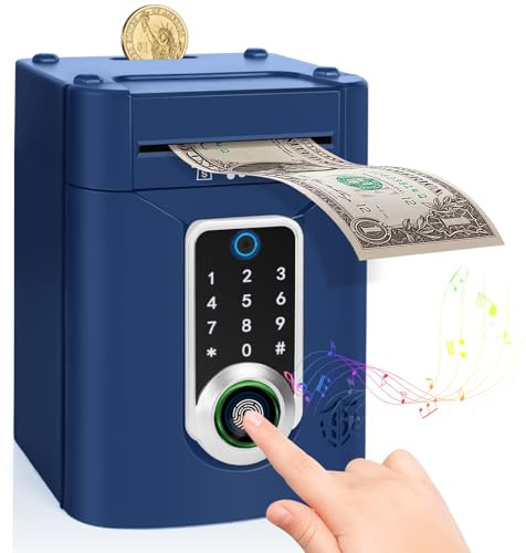 Highttoy Caja Fuerte Niños 3-12 Años, Hucha Electrónica con Pantalla Táctil y Huella Dactilar, Azul