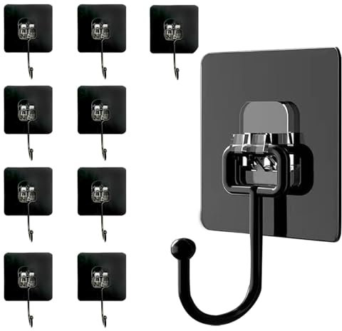 Ganci Adesivi Extra Forti,Ganci Adesivi Bagno,Confezione da 10 (Max 50 kg) Ganci Adesivi Resistenti Nero Impermeabili e Senza Tracce per Bagno, Soffitto, Parete, Utensili da Cucina, Chiavi, Abbigliame