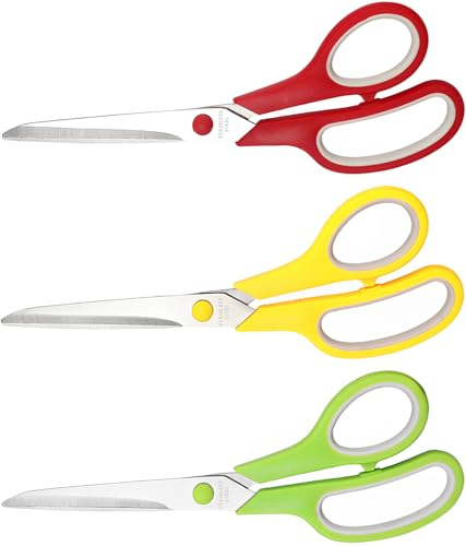 KINDOYO Tijeras Multifuncionales - Tijeras de 8 con Cuchillas Ultra Afiladas y Mangos de Agarre Cómodo para Escuela, Hogar, Oficina, Manualidades, Costura, Sastre y Uso Pesado, Rojo, Amarillo, Verde