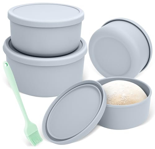 GIOVARA Pizzaballenbox mit Deckel 4er Set – Pizzateig Box aus antihaftendem Silikon, Pizzaboxen teig mit deckel, Teigballenbox Mit Ölpinsel, Mikrowellen, Gefrier und Spühlmaschinengeeignet