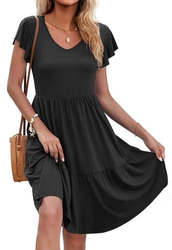 AUSELILY Women Summer Dress Ruffle Petal V-Neck Sundress Short Sleeve Casual Dress with Pockets Black M