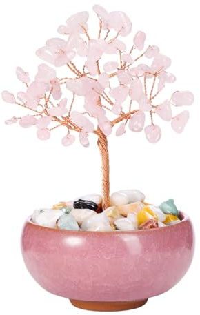PESOENTH Rose Quartz Crystal Tree of Life Gifts for Women Mom Birthday,Pink Rose Quartz Stone Healing Crystal Gemstone Tree Pink Bonsai Trees Home Room Desk Decor Spiritual Gifts