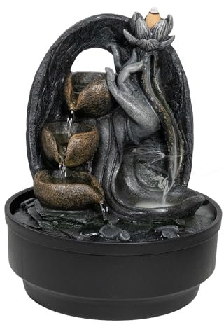 LEMODO Fontaine d'intérieur, avec cascade, pour refoulement, cônes d'encens, éclairage LED, décoration « Lotus » avec cascade, pour la maison, décoration de chambre