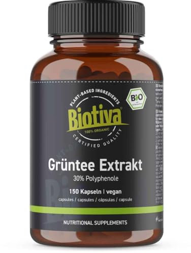 Grüntee Extrakt Bio 300 (2x150) Kapseln - 30% Polyphenole - 400mg pro Kapsel EGCG - abgefüllt und kontrolliert in Deutschland - Biotiva