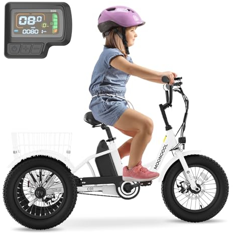 MOPHOTO 16 Electric Tricycle for Small Riders & Beginners, 3-Wheel Fat Tire E-Trike with Low Step-Through Aluminum Frame, Low-Speed Mode, Removable Battery, Adjustable Seat, Rear Basket