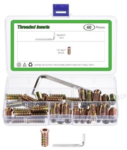 sourcing map 40Pcs 1/4-20x1 Threaded Inserts Nuts, Zinc Alloy Hex Socket Drive Screw-in Nut Threaded Inserts with 1Pcs Hex Wrench, Wood Inserts Bolt Assortment Kit for Wood Furniture