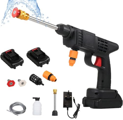 Battery operated pressure washer, 24 V 1500 Mah battery, with 6-in-1 nozzle, 5 m hose, for, watering plants, floor cleaning, pets, outdoor car cleaning tool (black) (Black-H)