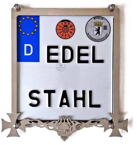 Exklusiver Kennzeichenhalter Motorrad mit Totenkopf aus Edelstahl Hochglanz poliert mit Chrombeschichtung 180x200 mm - Nummernschildhalterung Motorrad - Kennzeichenhalterung