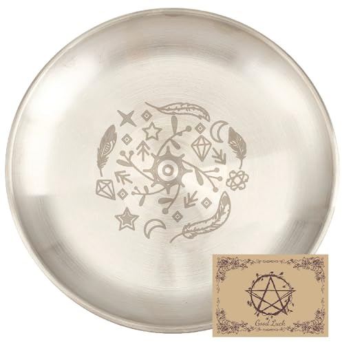 CREATCABIN Evil Eye Offering Bowl Altar Ritual Plate Dish Stainless Steel Silvery Flat Bowl Round Jewelry Tray Tarot Plate Ring Holder Trinket with Card for Smudging Decoration 5.55Inch