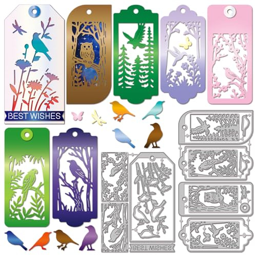 GLOBLELAND Bird Bookmark Cutting Dies Flowers Tree Silhouettes Metal Die Cuts Label Frame Cutting Embossing Templates for Scrapbooking Crafts Paper Cards Making