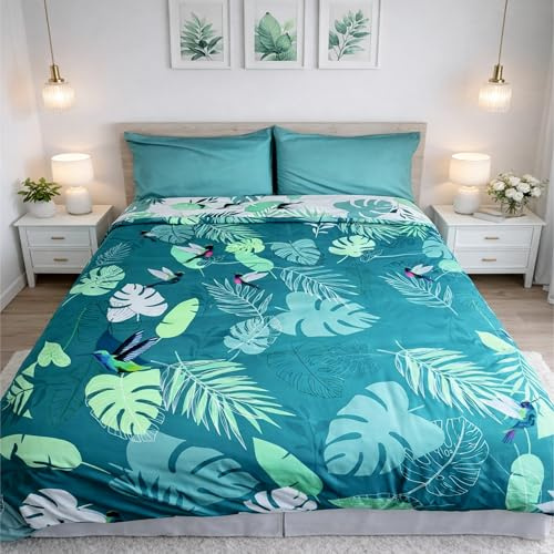 FOCARIS Home Funda nordica Cama 135 Estampada Reversible + 2 Fundas Almohada Juego 3 Piezas edredón Cama 135 cm diseño Exclusivo Rainforest 2 Colores 220 x 220 cm Packaging presentación de Regalo
