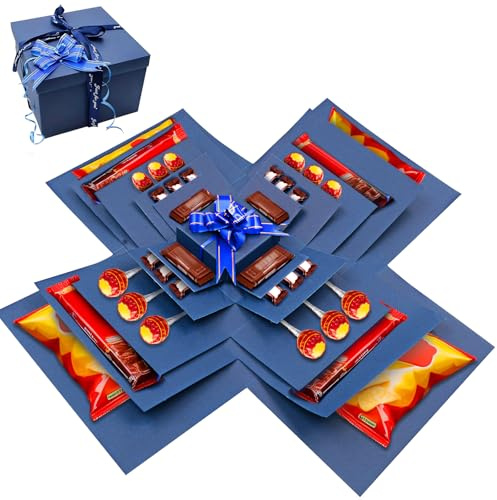 Nureeca 5 Layer Explosion Box Kit, DIY Surprise Gift Box for Scrapbooking, Birthday, Anniversary & Valentine's Day with Tape & Ribbon, Black Photo Memory Album (blue)