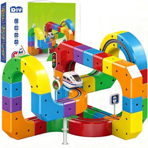 Track Fusion - Juego de tren eléctrico, construcción de cubo mágico con tren motorizado que desafía la gravedad, sistema de pista integrado en 3D, regalo de aprendizaje para niños y niñas (81PSC)