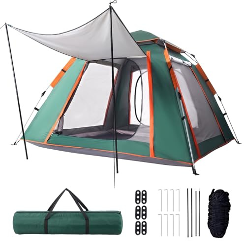 Warmiehomy Pop Up Tent 3-4 Person, Camping Tent with Porch | Automatic Instant Setup, Waterproof, Sun & Rain Protection, 2 Large Doors & Windows, Bug Net, Convertible Door, Carry Bag