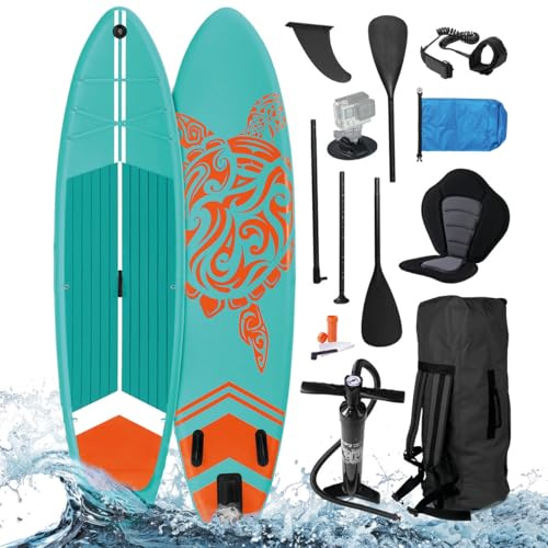 BRAST SUP Board Turtle | Aufblasbares Stand up Paddle Set | 320x81x15cm | 4 Designs | 5 Jahre Garantie | inkl. Sonderzubehör | 2in1 Paddel Kajak-Sitz Action-Cam-Halterung Fußschlaufe | Türkis