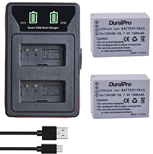 DuraPro 2Pcs NB-10L NB10L NB 10L Akku + Slim USB Dual Ladegerät für Canon G1X G15 G16 SX40HS SX50HS SX60HS SX40 SX50 SX60 HS Kameras