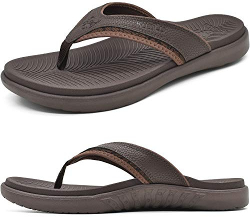 KuaiLu Mens Leather Sport Flip Flops Comfort Orthotic Thong Sandals with Plantar Fasciitis Arch Support for Outdoor Summer
