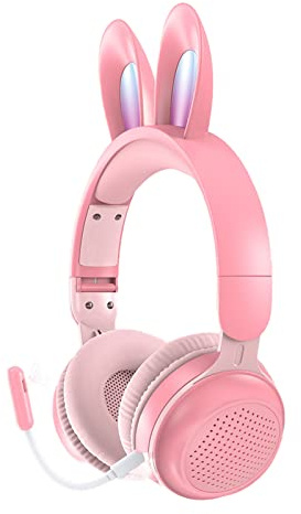 Barnhörlurar, Bluetooth 5.0-hörlurar med Kaninöra, Over Ear LED-ljus Hopfällbart Trådlöst Headset, Stöd TF/AUX, Presenter Till Barn, Småbarn, Tonåringar(Rosa)