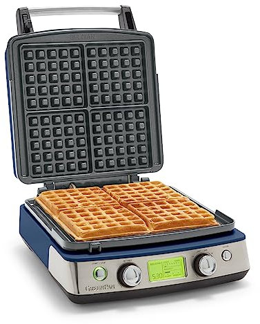 GreenPan Elite - Piastra per waffle belga e classica 4 quadrati, ceramica sana, antiaderente, in alluminio, lavabile in lavastoviglie, controlli ombra regolabili/scricchiolii, non traboccante,